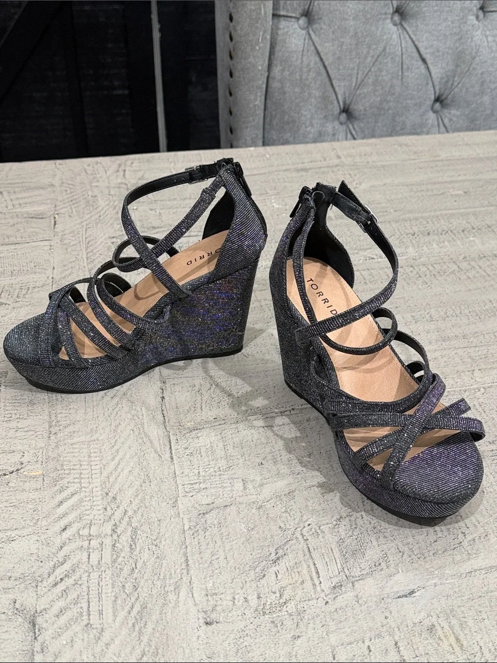 torrid Black Glitter Strappy Wedge Sandals 8.5
